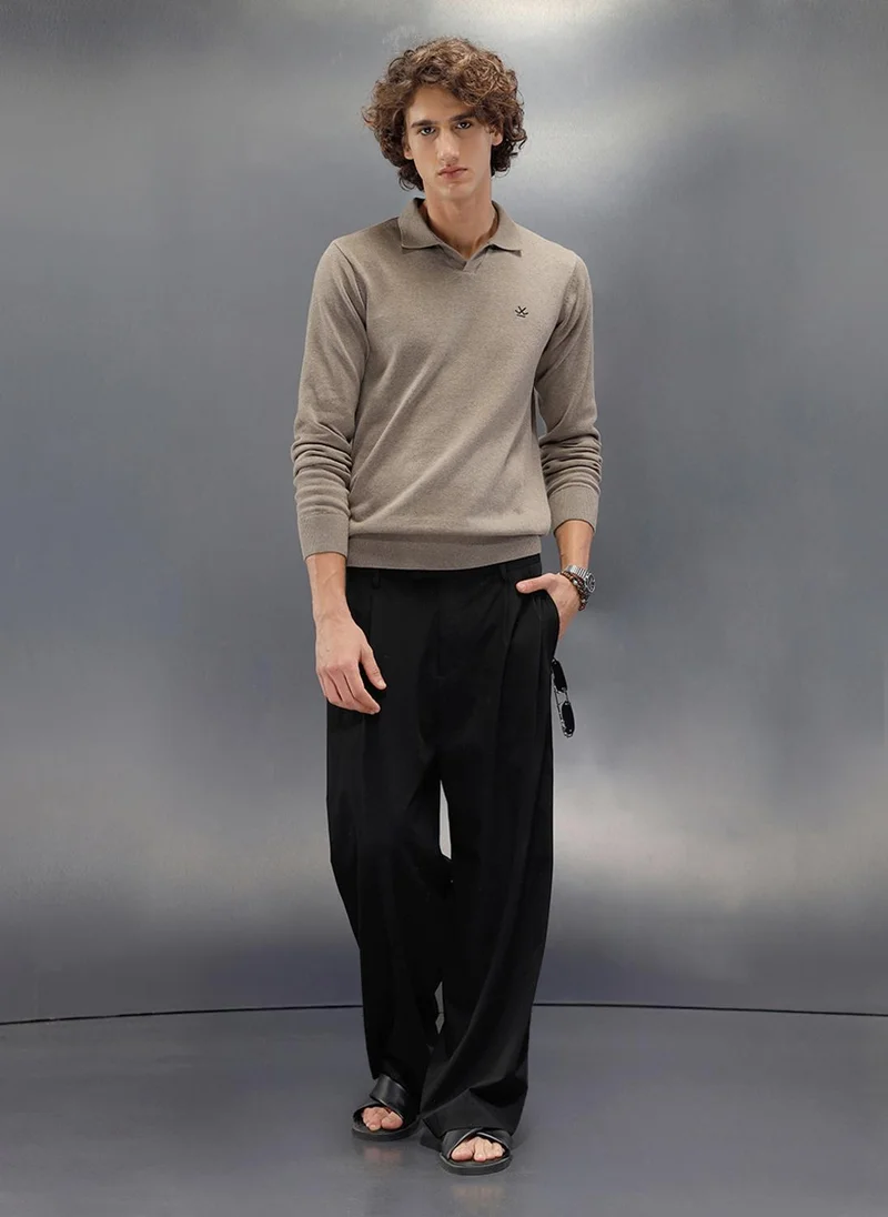 روجن Premium Flat Knit Johnny Collar Polo T-Shirt | Brown